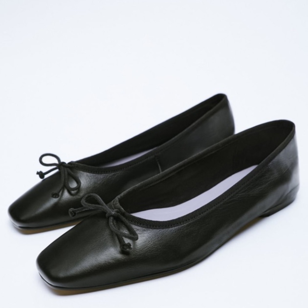 Zara New Black Leather Squared Toe Ballet Flats Shoes, nwt
